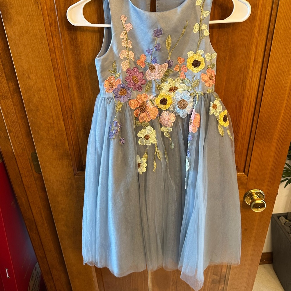 Azazie Kids Dress with Floral Embroidery - Blue - Picture 3 of 5